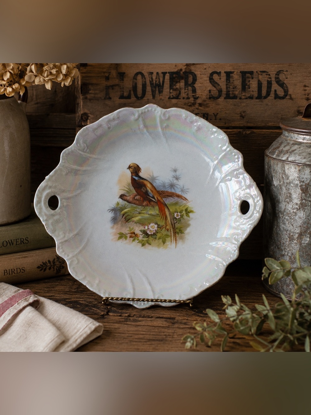 Vintage Lusterware Porcelain Pheasant Handled Serving Bowl Iridescent Bird Dish